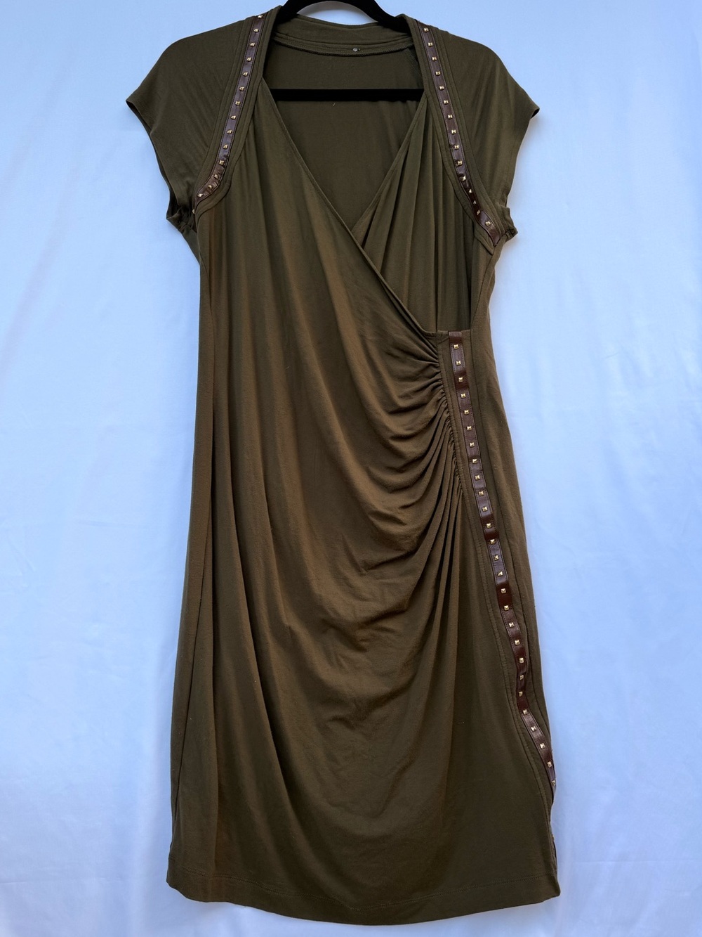 Carmen Marc Valvo Olive Brown Faux-Wrap Midi Dress
